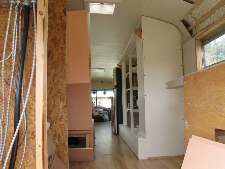 Here is the storage cabinet that Steve has built, it's towards the back of the bus just past the kitchen